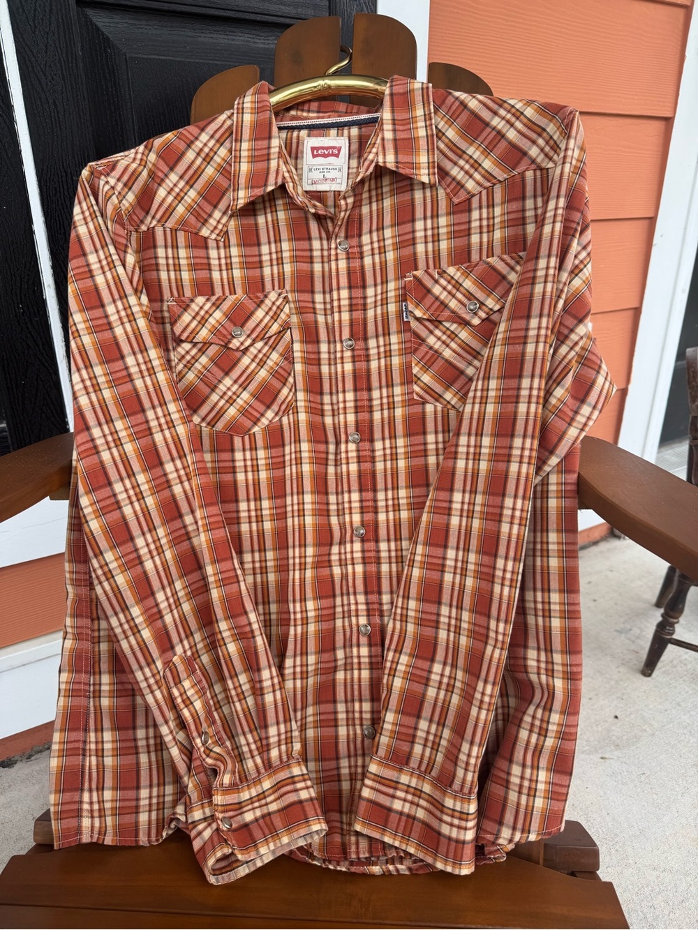 Levi’s Western Pearl Snap Plaid Shirt Orange Cream Men’s L